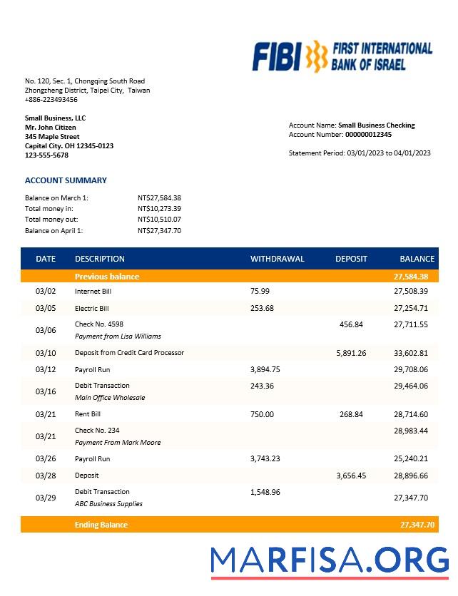 Downloadable FIBI Bank enterprise account statement Word and PDF templat example